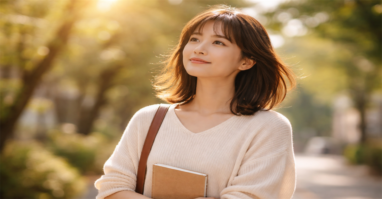 夕暮れの街並みを歩く女性