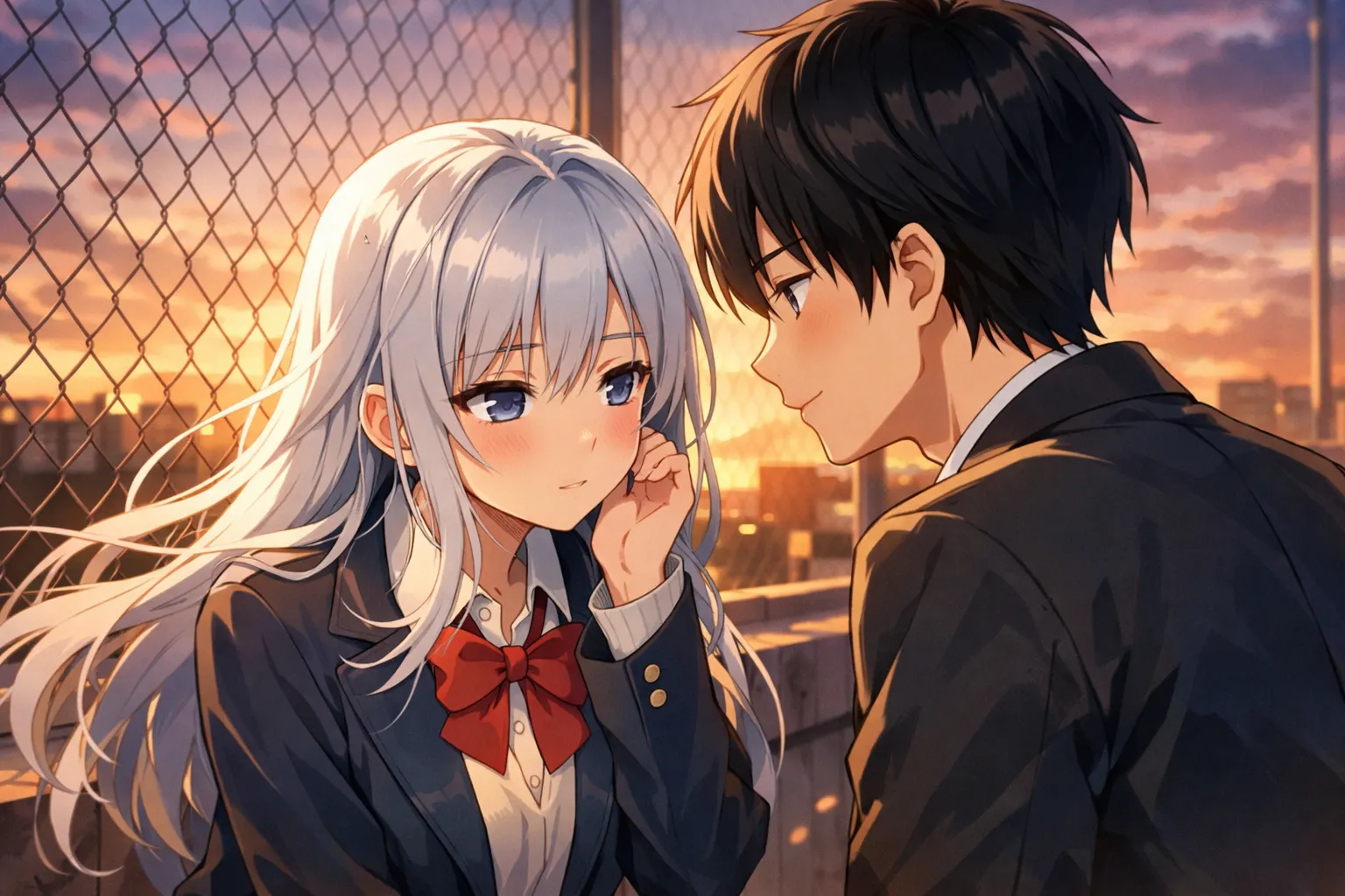 夕日の屋上で囁く二人